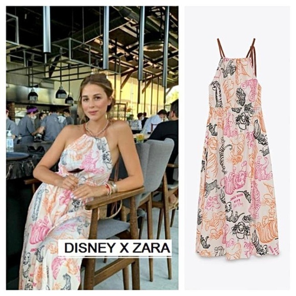 NWT ZARA X DISNEY Midi Dress Jungle Book Sketch Print Halter Rope Tie Pleated S - Picture 5 of 13